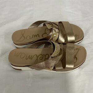 Sam Edelman Metallic Gold and Neutral Strappy Slide Sandals